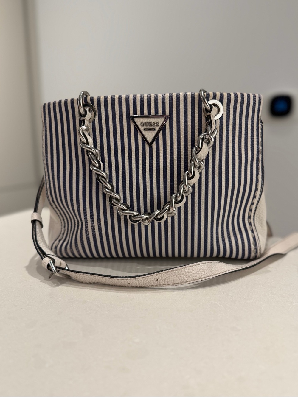 GUESS Navy & White Striped Chain-Handle Shoulder Bag